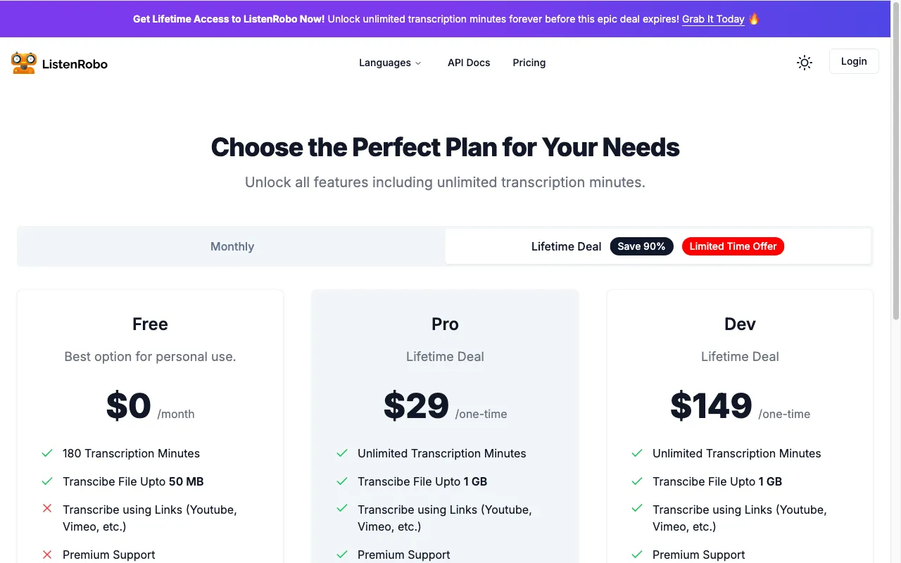 ListenRobo — pricing page