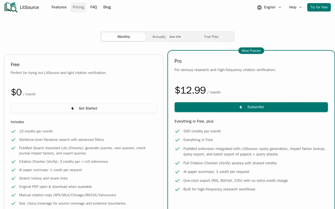 LitSource — pricing page