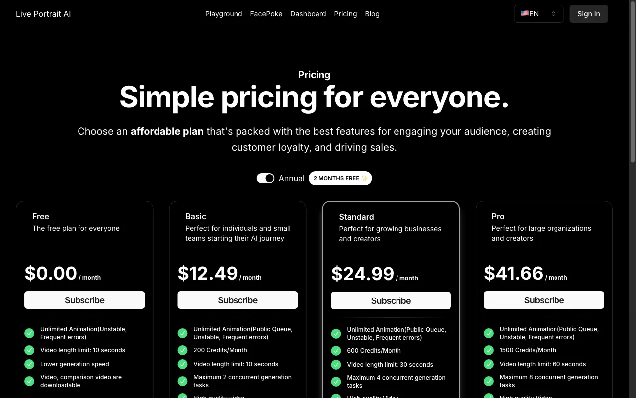 liveportrait.org — pricing page