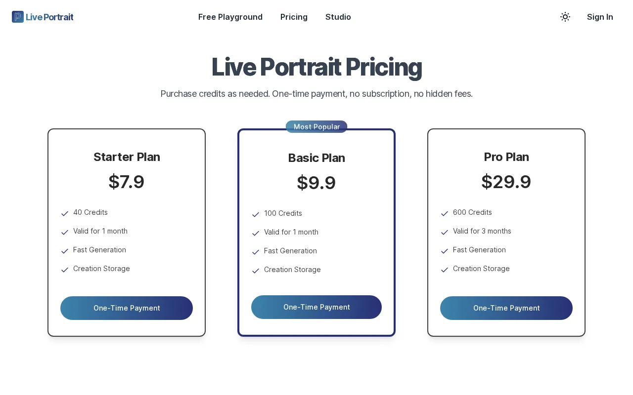 Live Portrait — pricing page