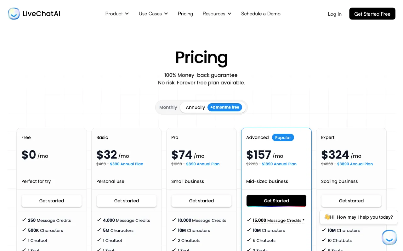 LiveChatAI — pricing page