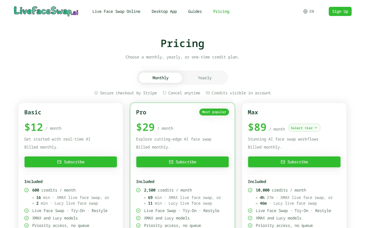 LiveFaceSwap AI — pricing page