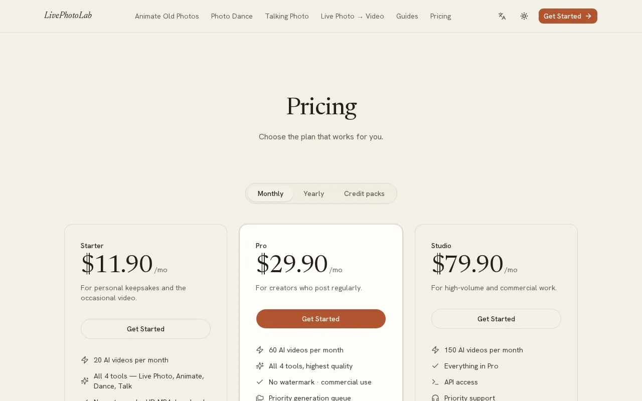 LivePhotoLab — pricing page