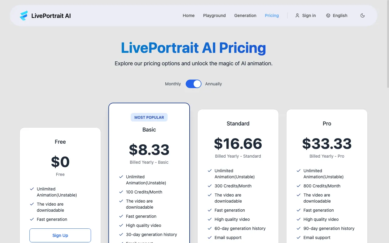 LivePortrait AI — pricing page