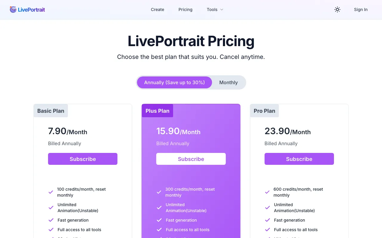 LivePortrait — pricing page