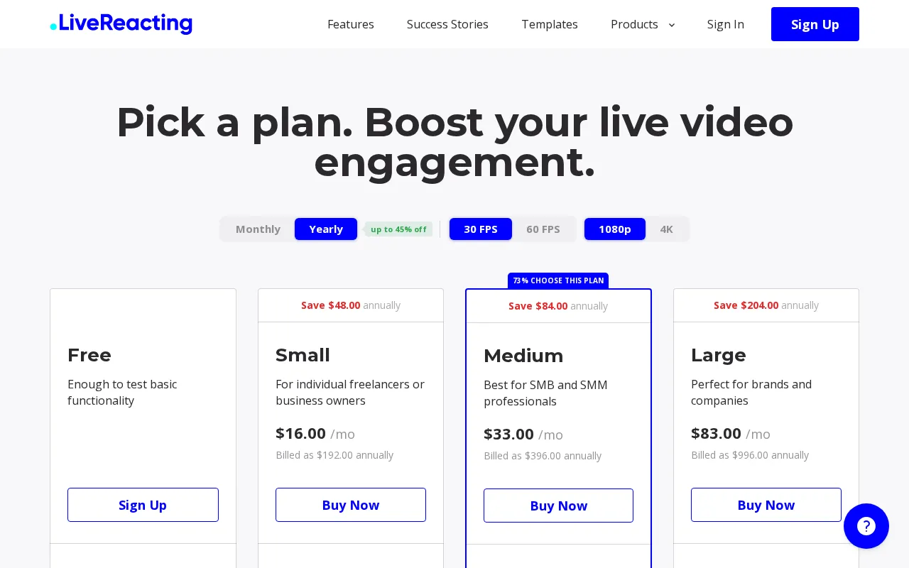 LiveReacting AI — pricing page