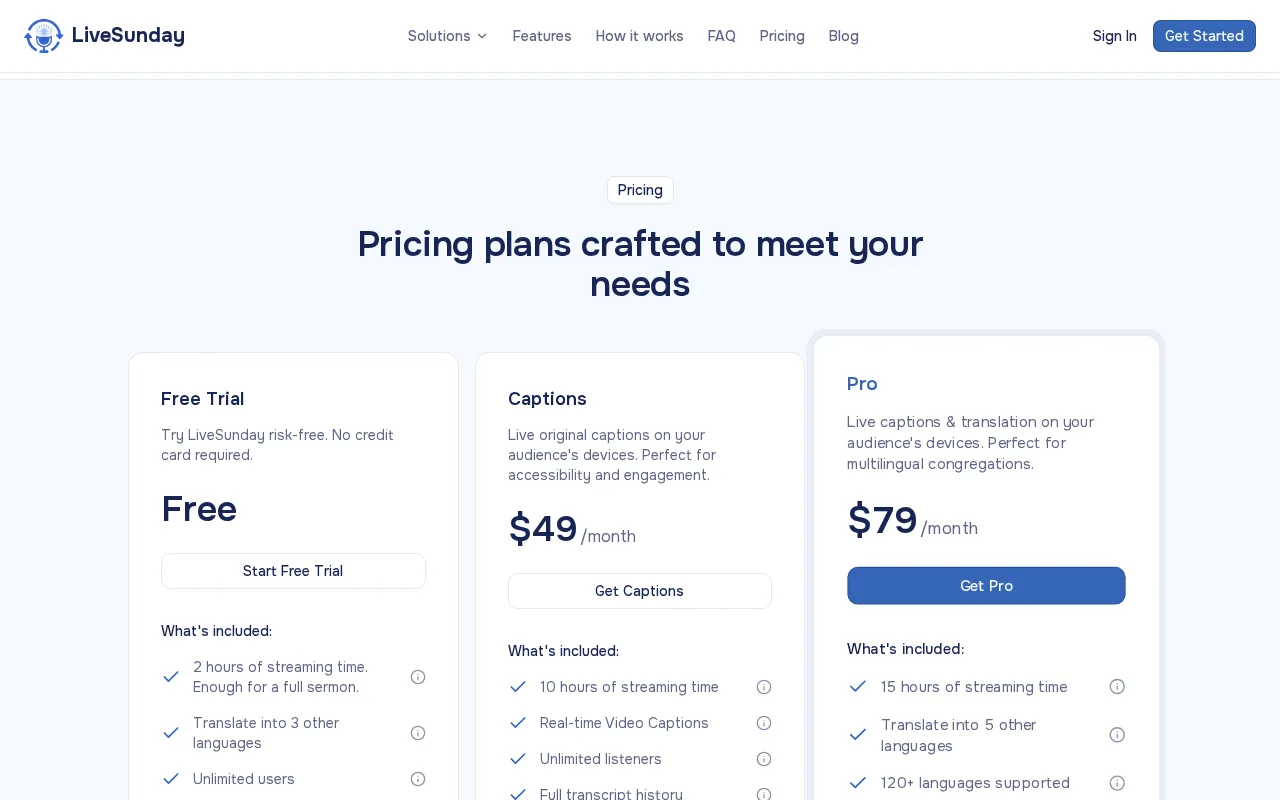 LiveSunday — pricing page