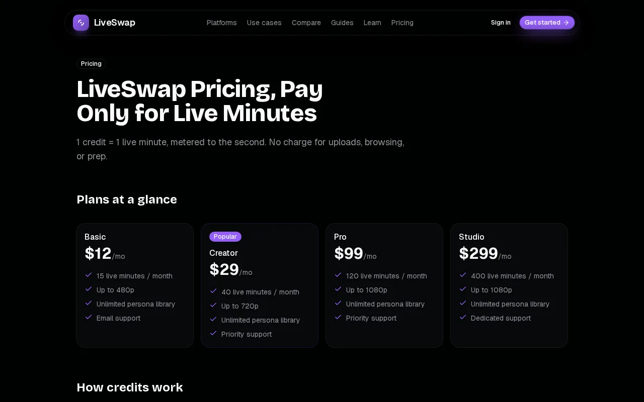 LiveSwap — pricing page