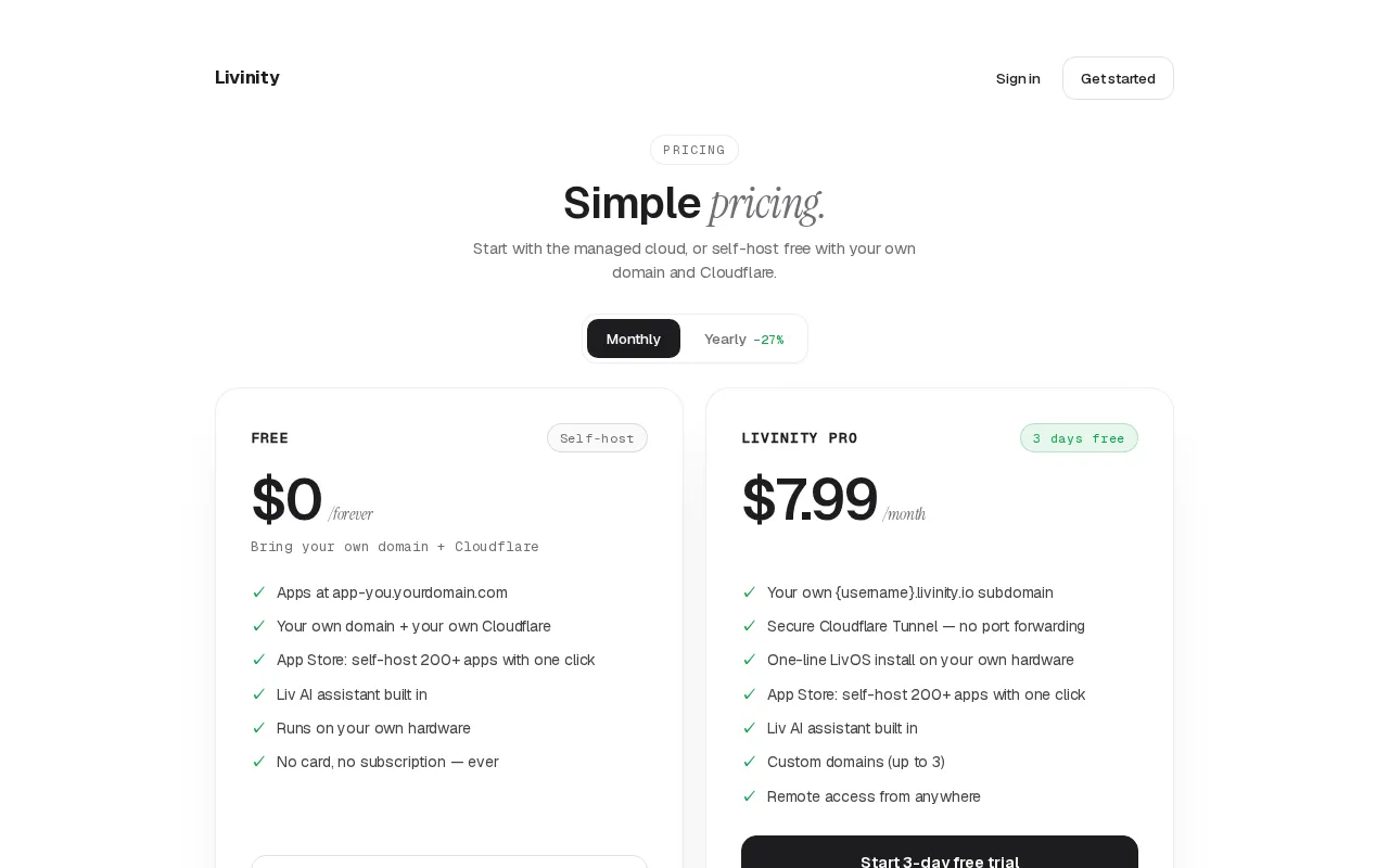 Livinity — pricing page