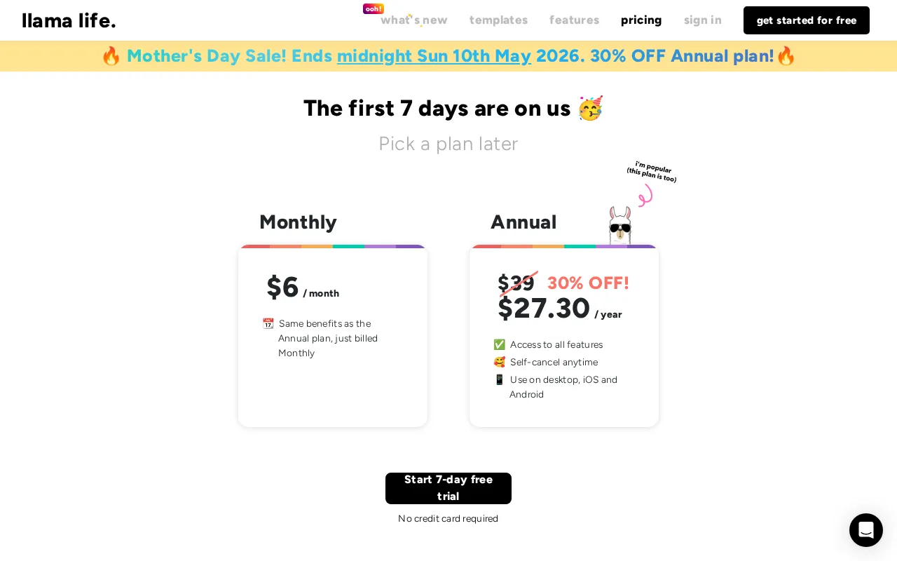 Llama Life — pricing page