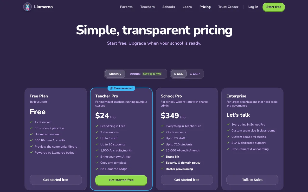 Llamaroo — pricing page