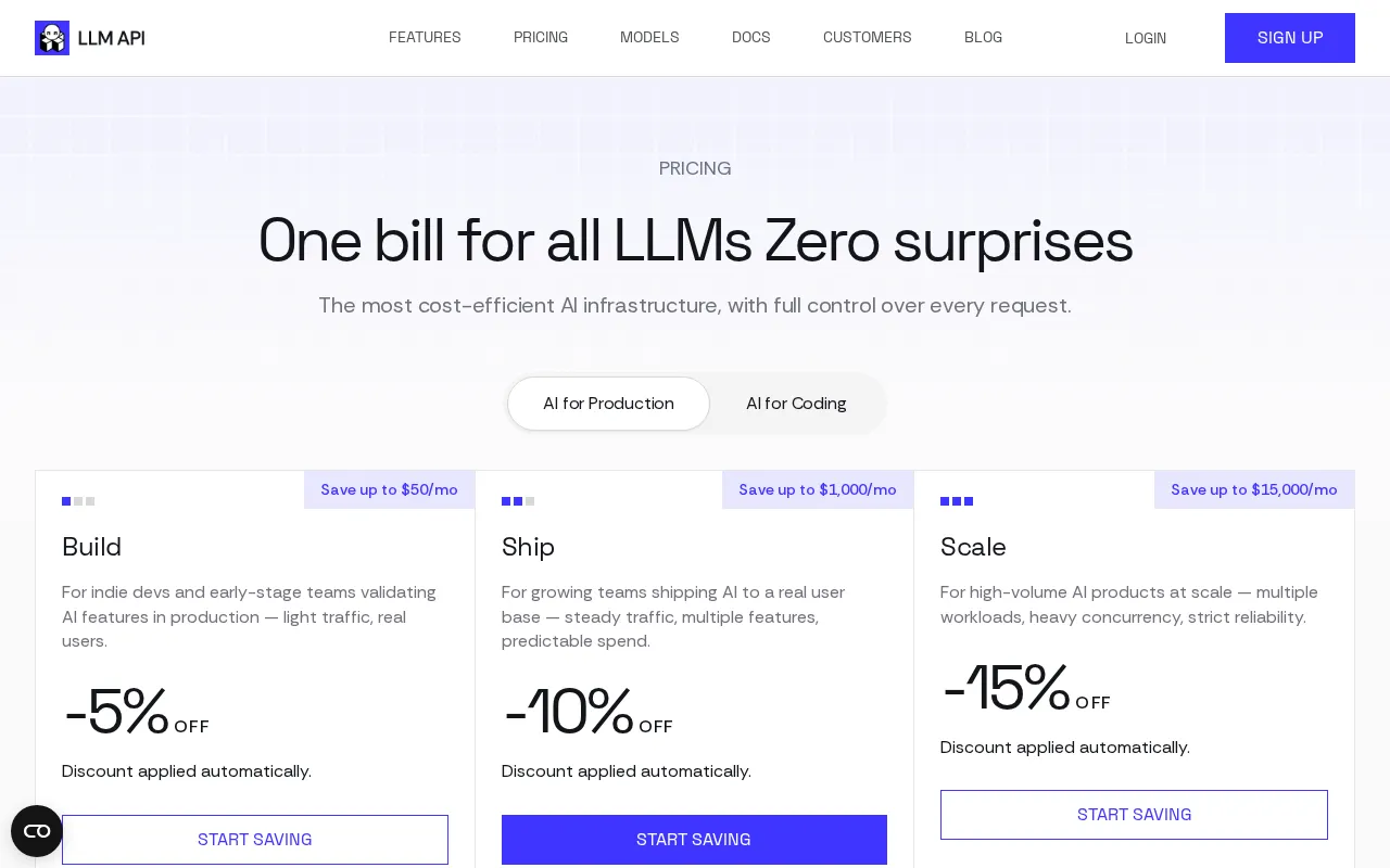 LLM API — pricing page