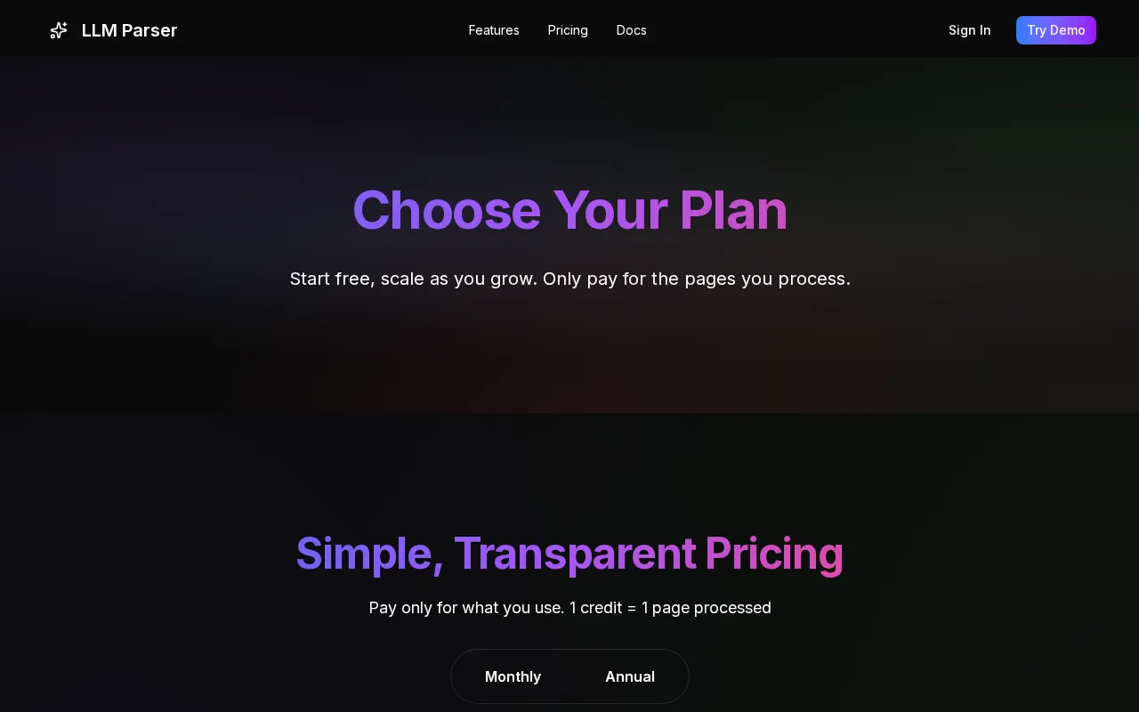 LLM Parser — pricing page
