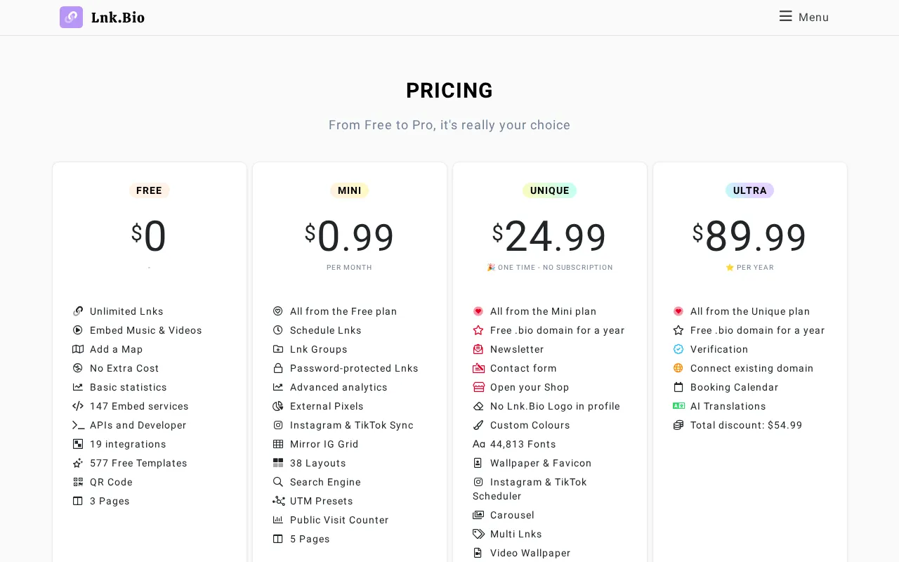 Lnk — pricing page