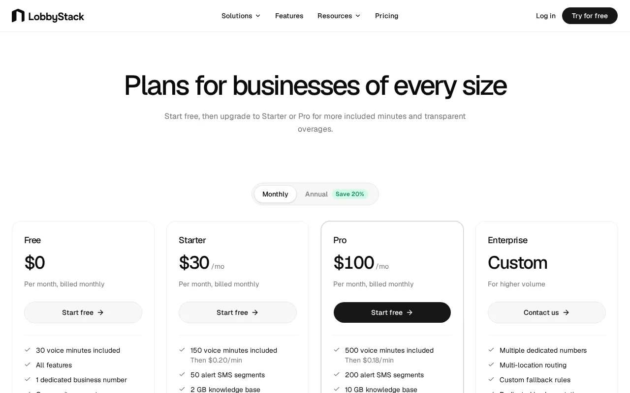 LobbyStack — pricing page