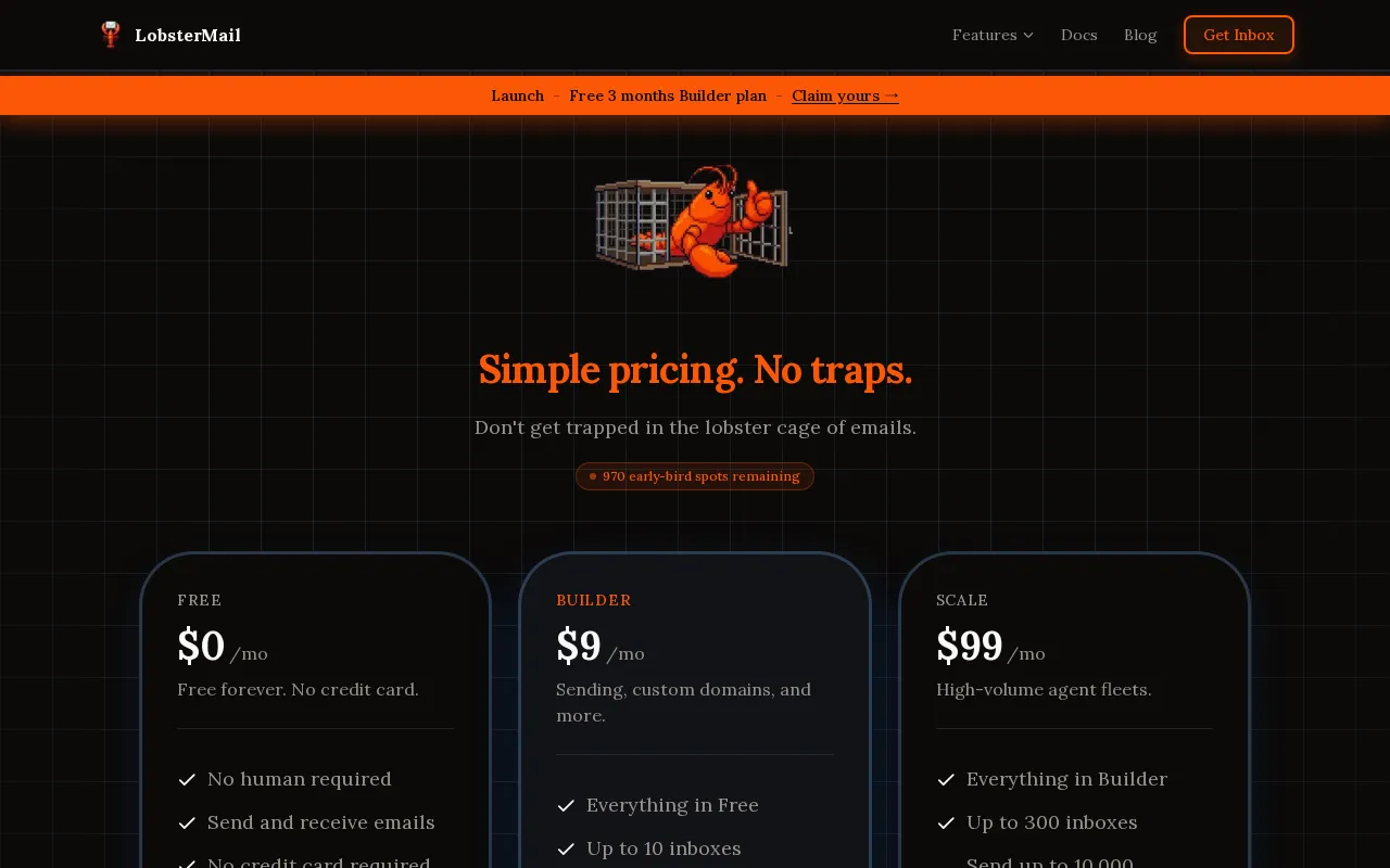 LobsterMail — pricing page