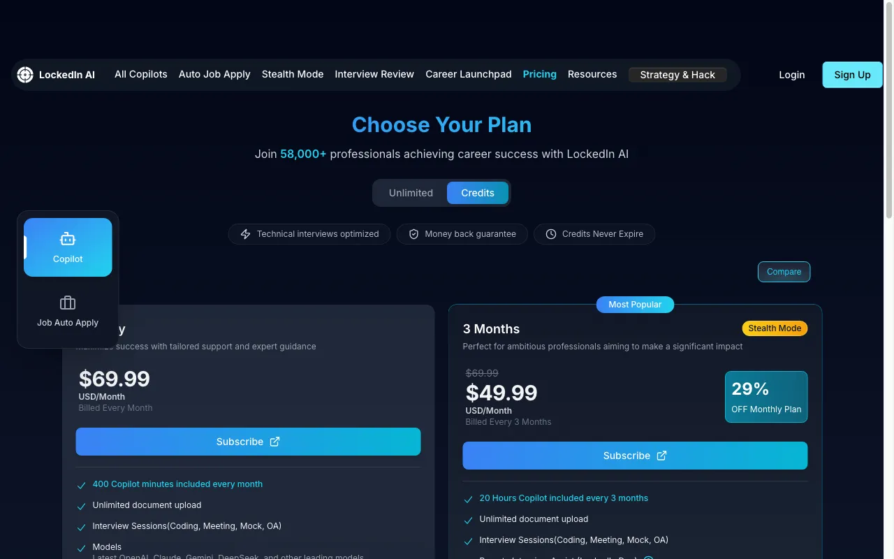 LockedIn AI — pricing page