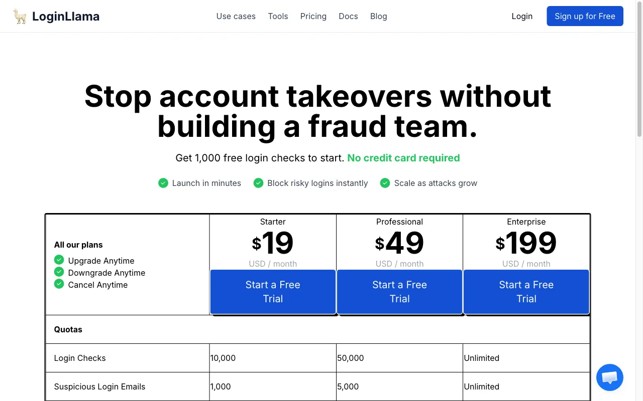 LoginLlama — pricing page