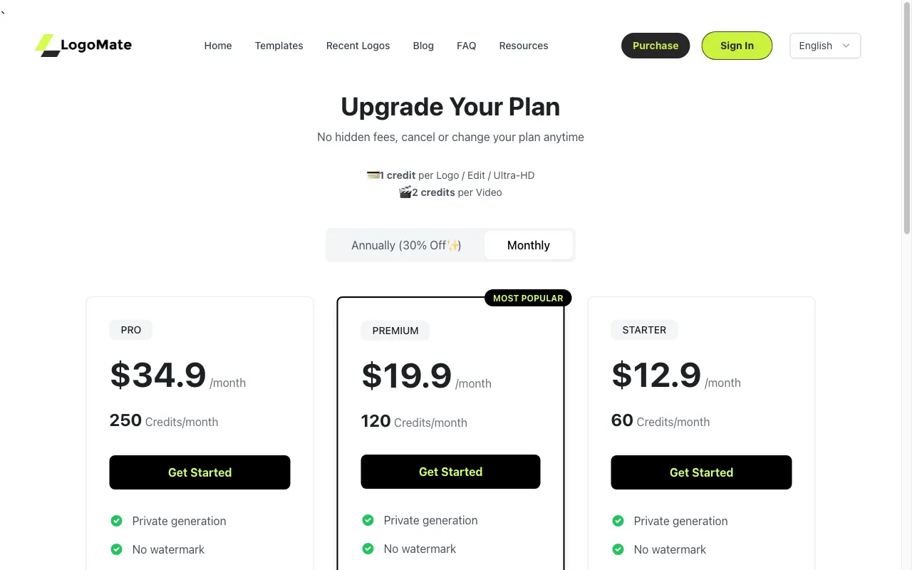 AI Logo Generator — pricing page