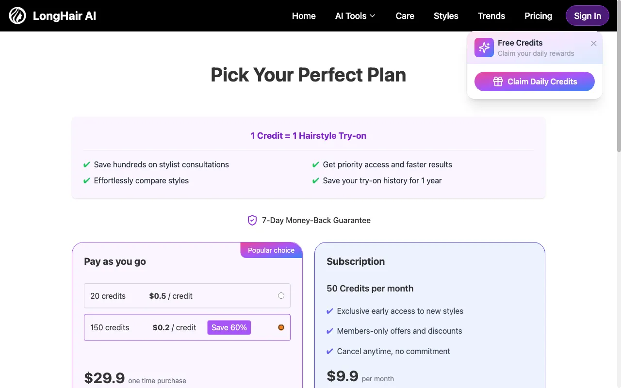LongHair — pricing page