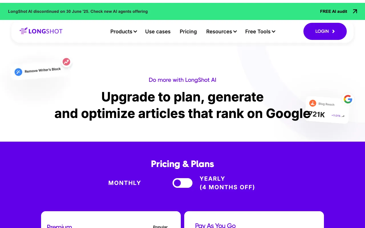 LongShot AI — pricing page