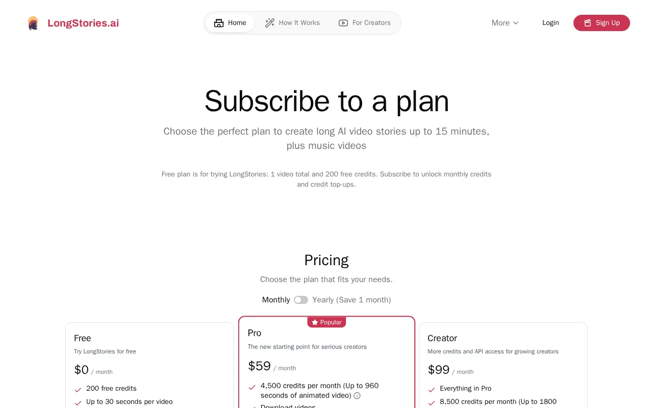 Longstories — pricing page
