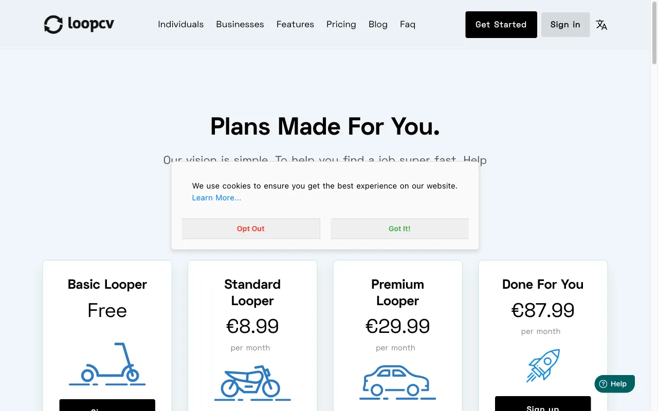 Loopcv — pricing page