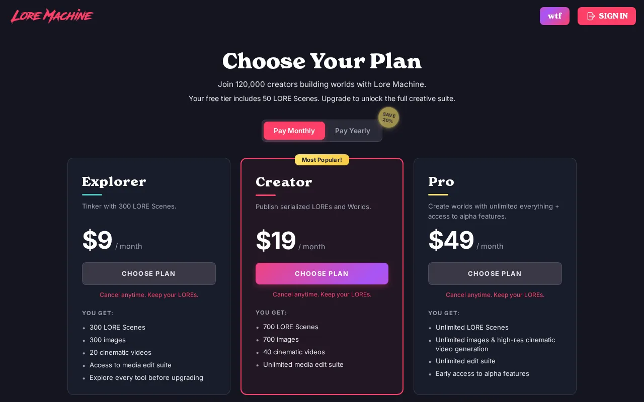 Lore Machine — pricing page