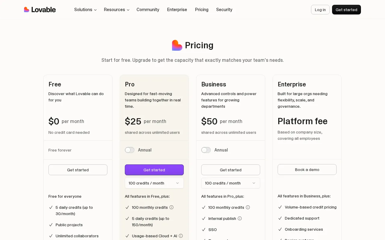 Lovable — pricing page