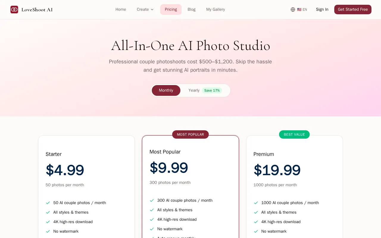 loveshoot.ai — pricing page