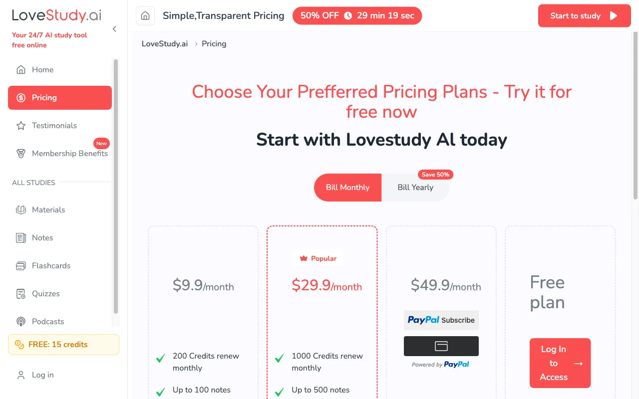LoveStudy — pricing page