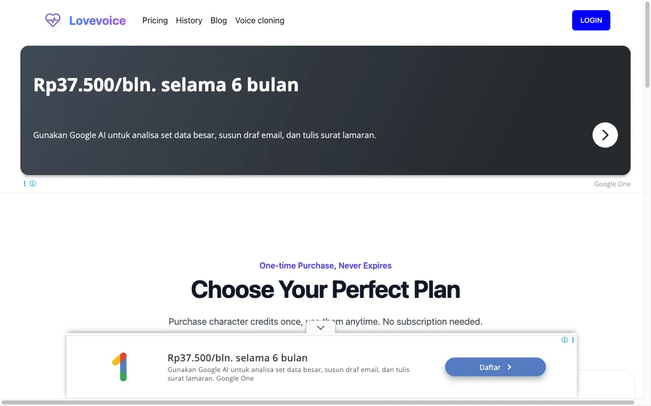 Lovevoice AI Voice Generator — pricing page