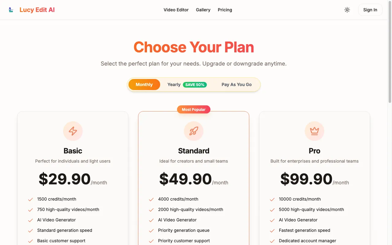 Lucy Edit AI — pricing page