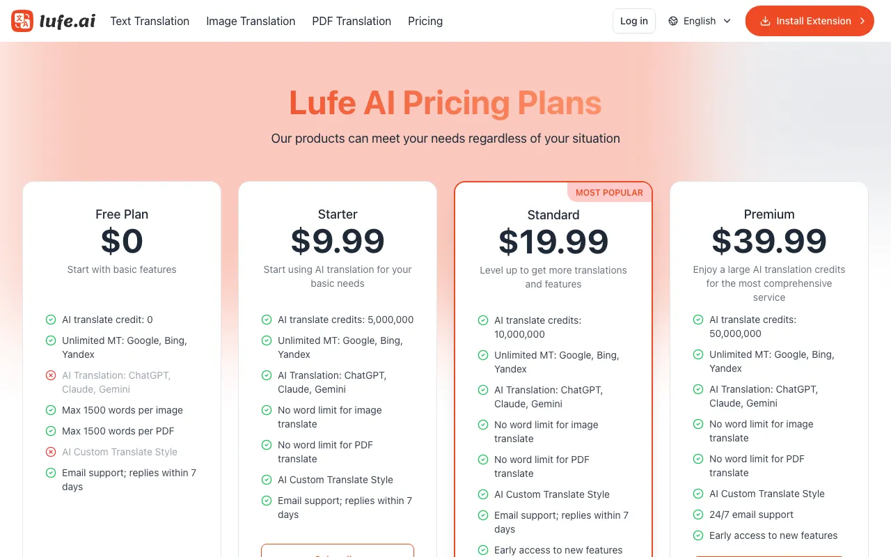 Lufe AI Translator — pricing page