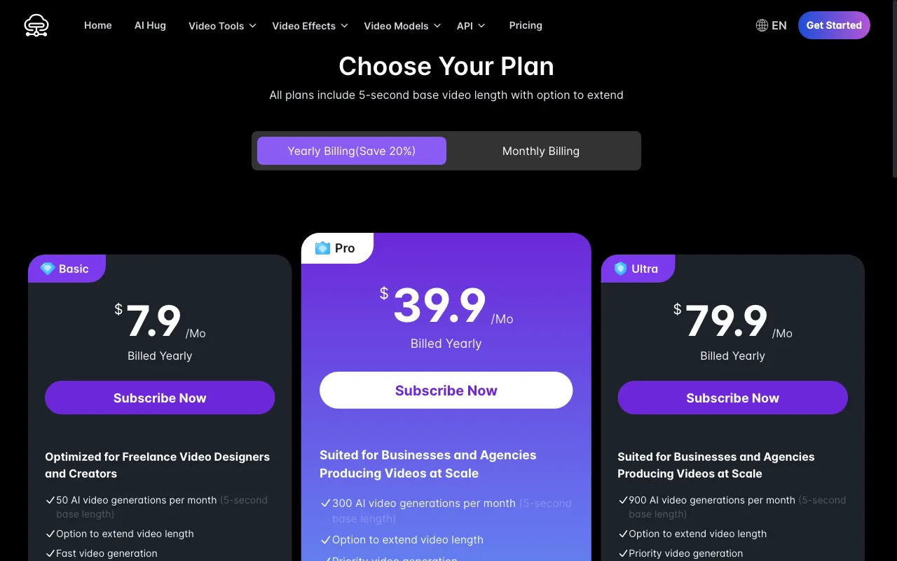 LunaAI.video — pricing page