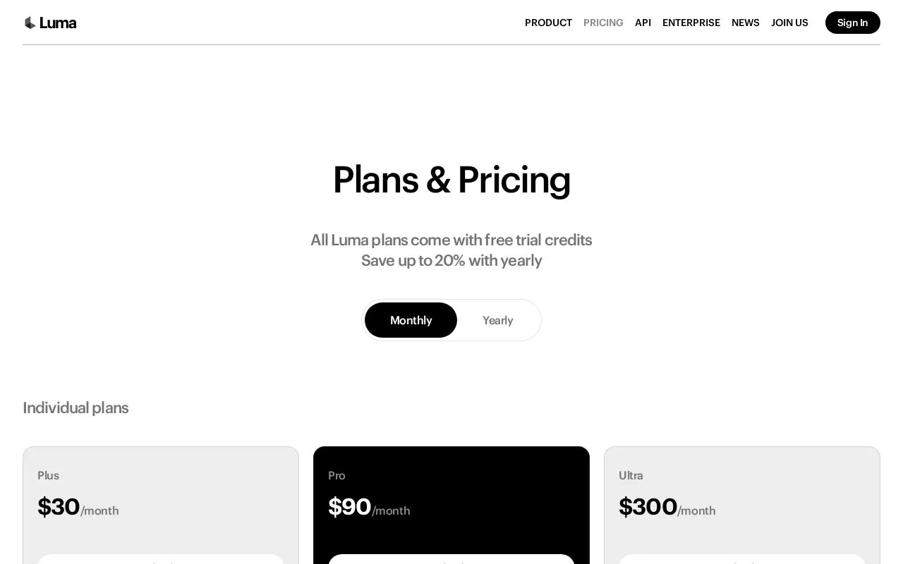 Luma Dream Machine — pricing page