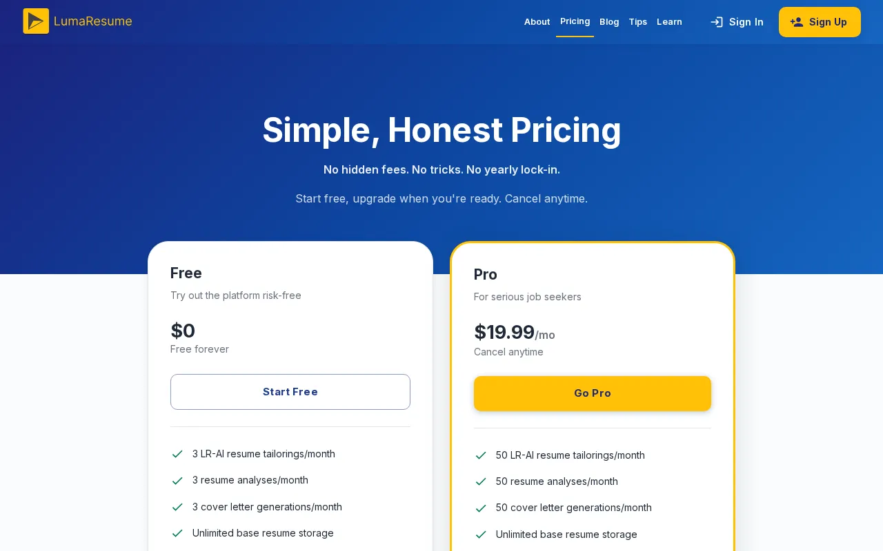 LumaResume — pricing page
