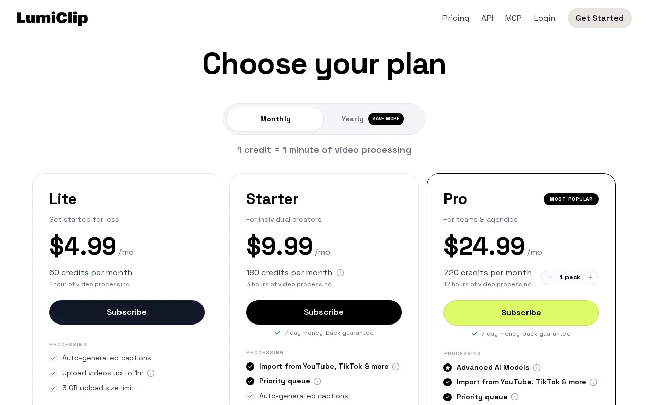 LumiClip — pricing page