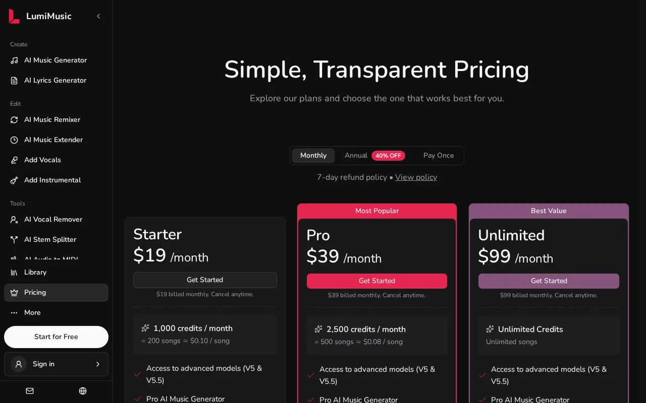 LumiMusic — pricing page