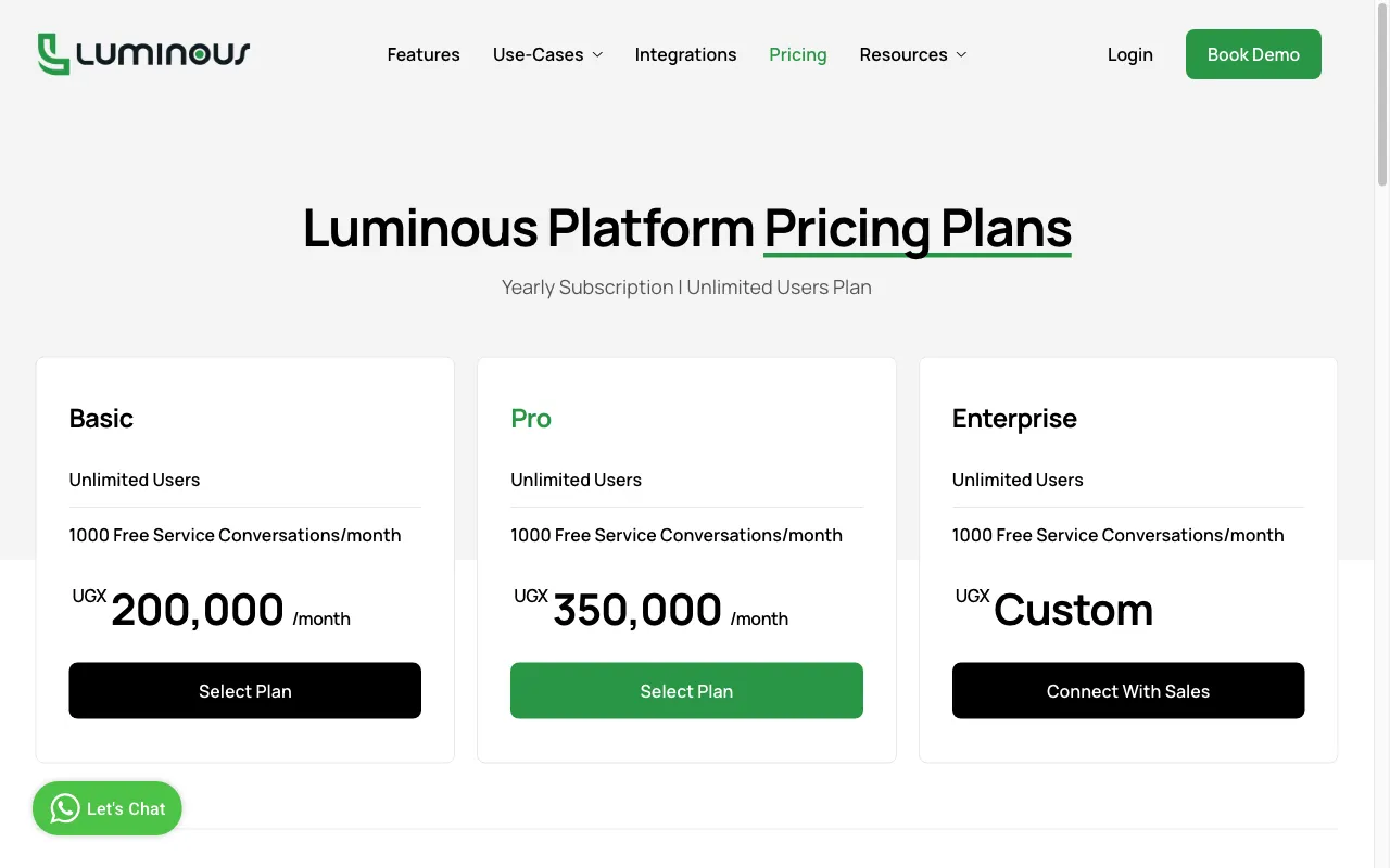 Luminous CRM — pricing page