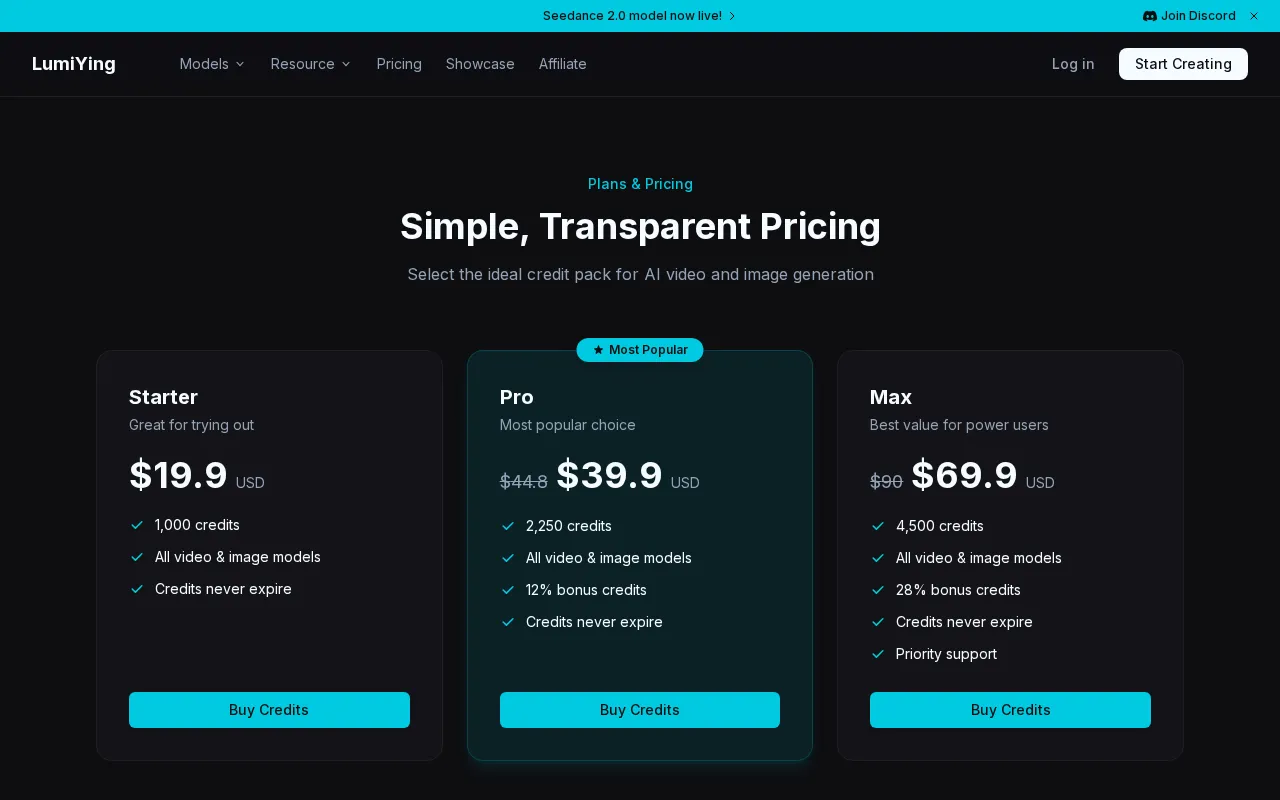Lumiying — pricing page