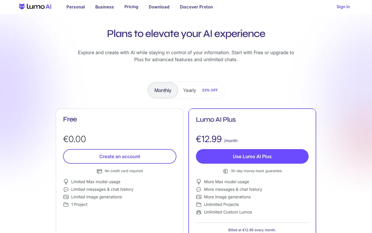 Lumo by Proton — pricing page