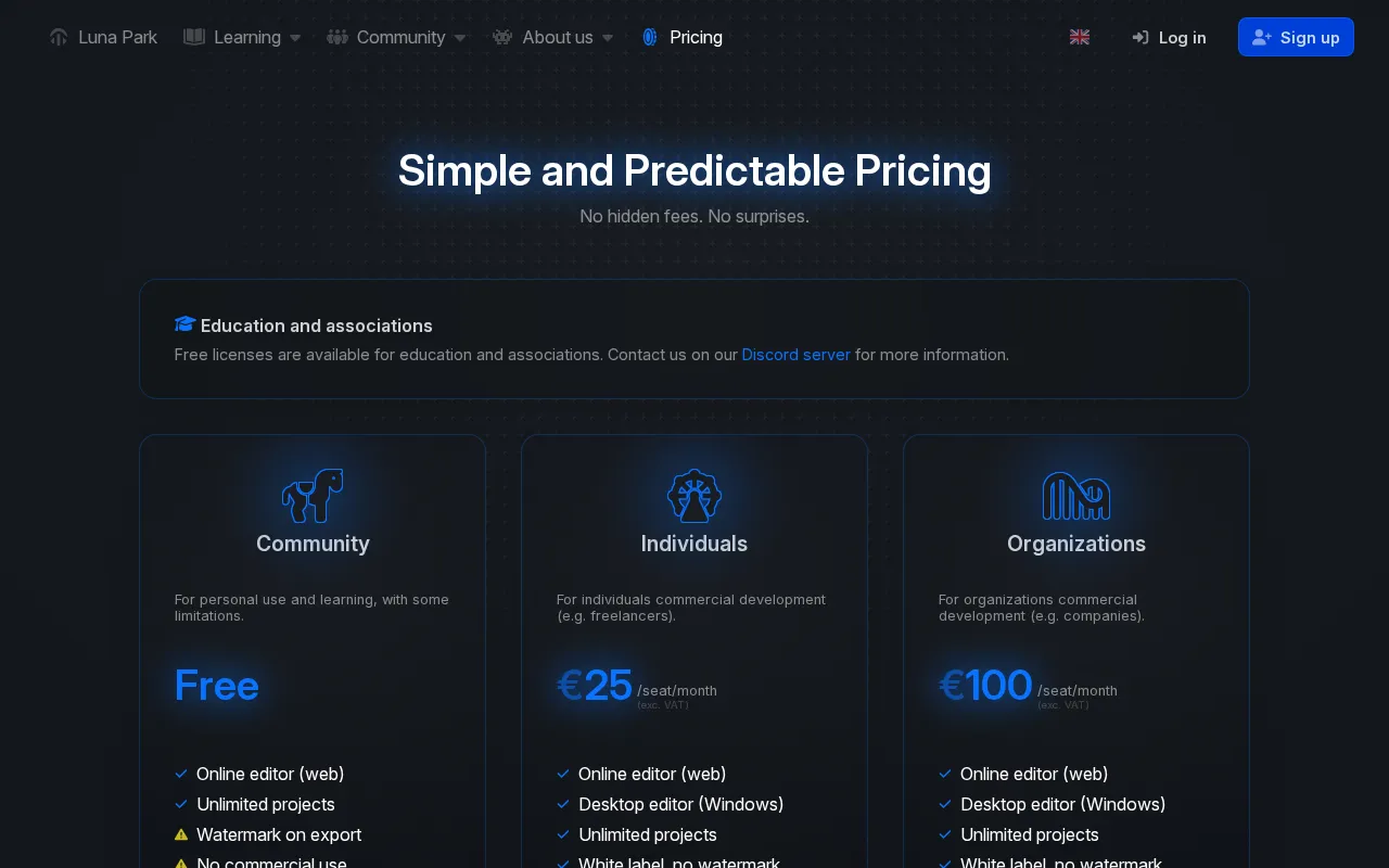 Luna Park no-code Challenge — pricing page