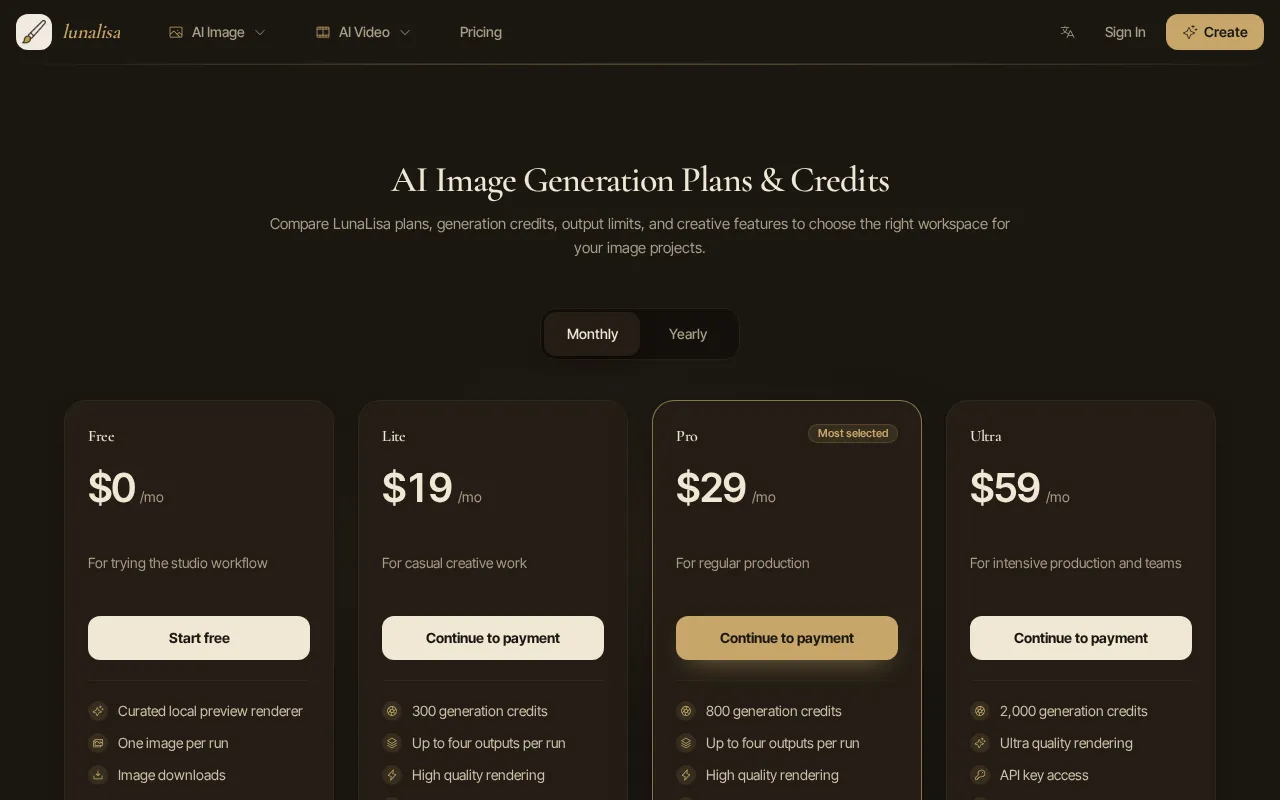 lunalisa — pricing page
