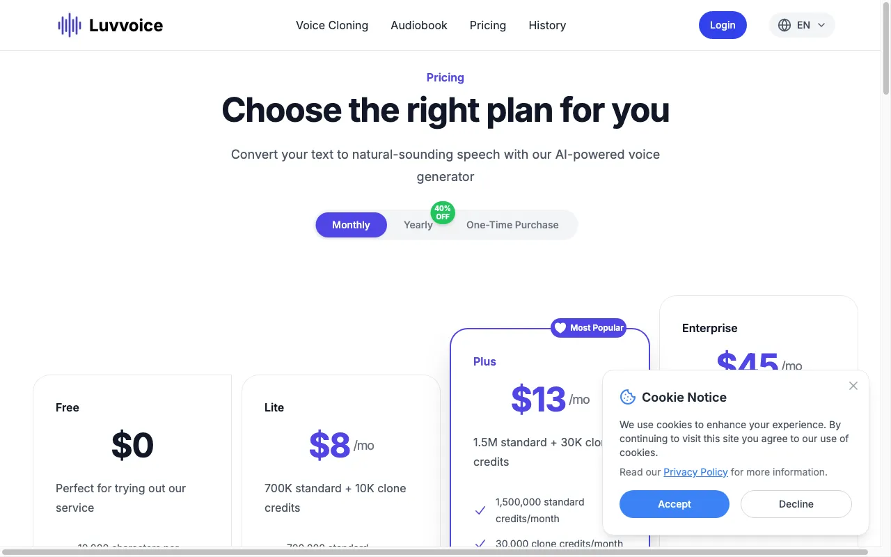 Luvvoice — pricing page