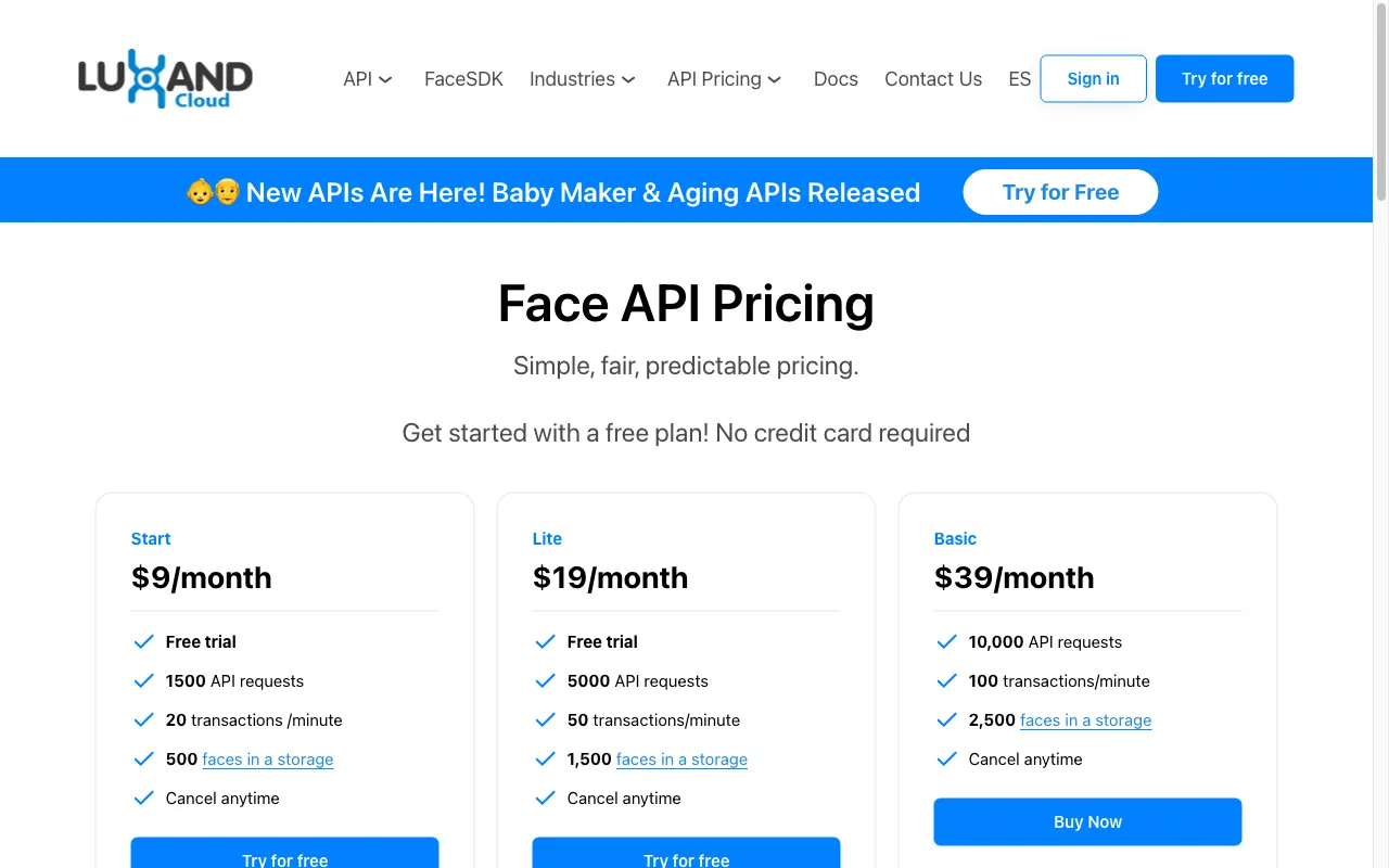 Luxand.cloud — pricing page