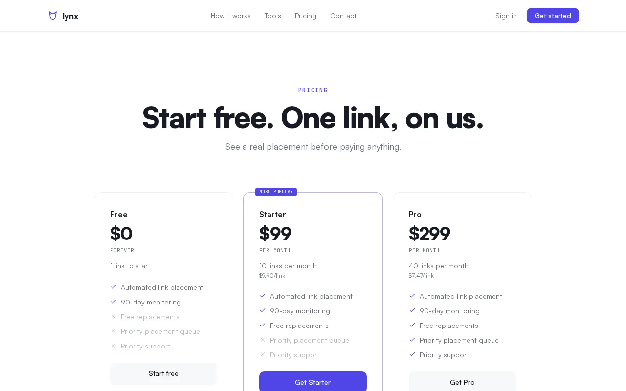 Lynx AI — pricing page