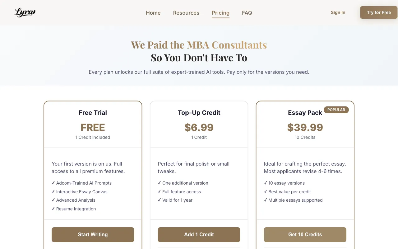 Lyra — pricing page