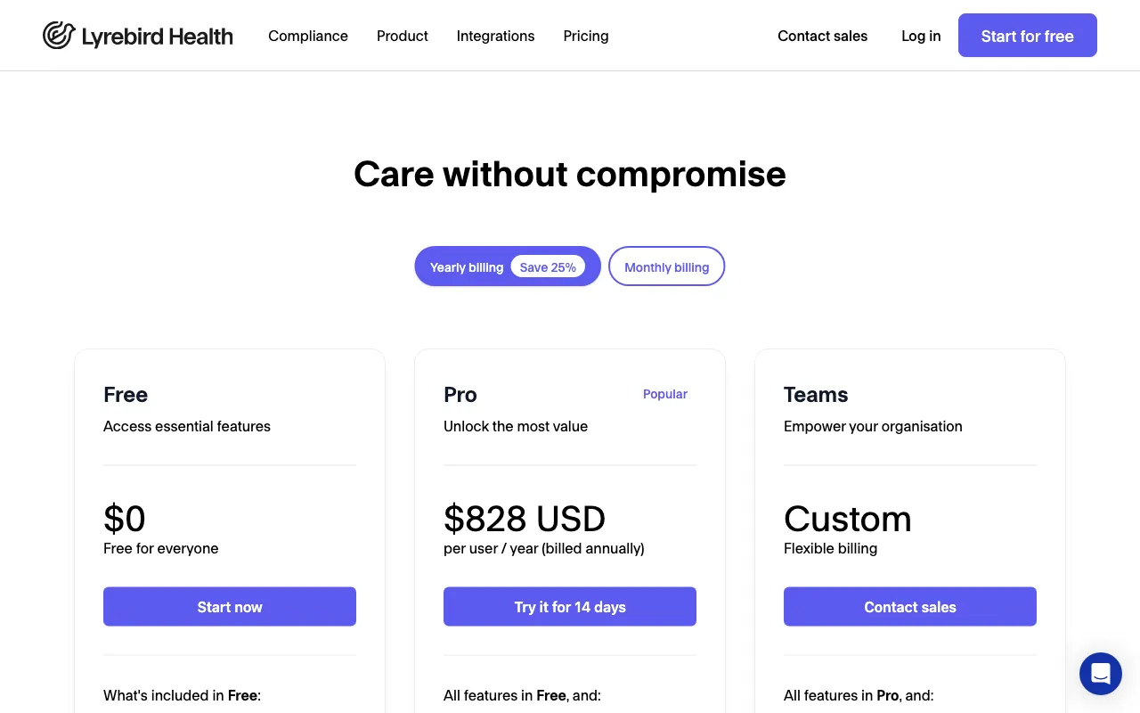 Lyrebird Health — pricing page