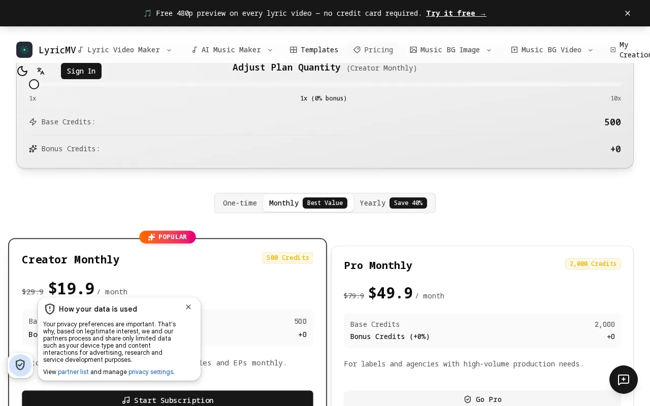 LyricMV — pricing page